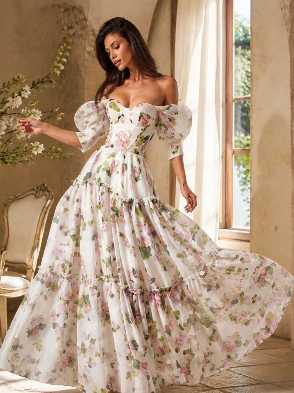 Zara Romantic Forest Style White Base Pink Rose Print Puff Sleeve Cinched Waist